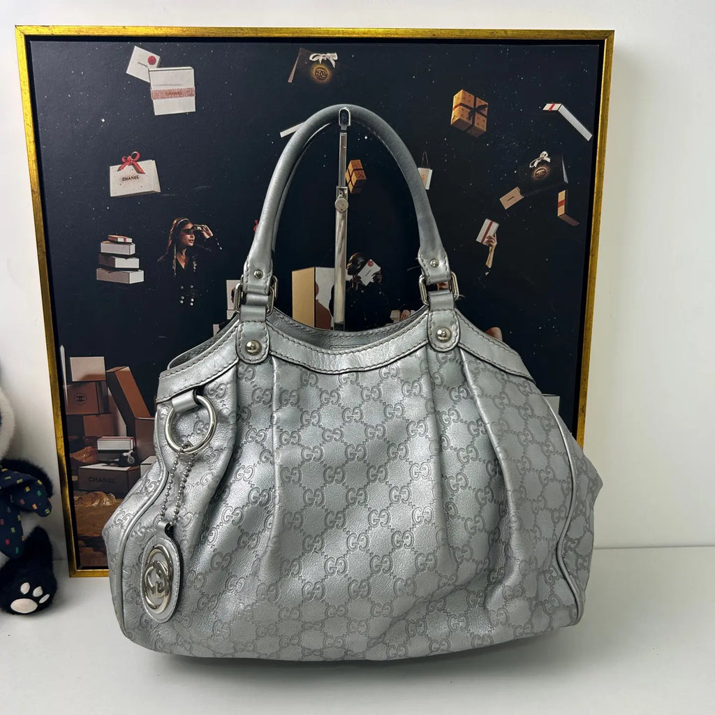 Gucci Blue Crystal Leather Shoulder Bag 33×32cm – 97% New