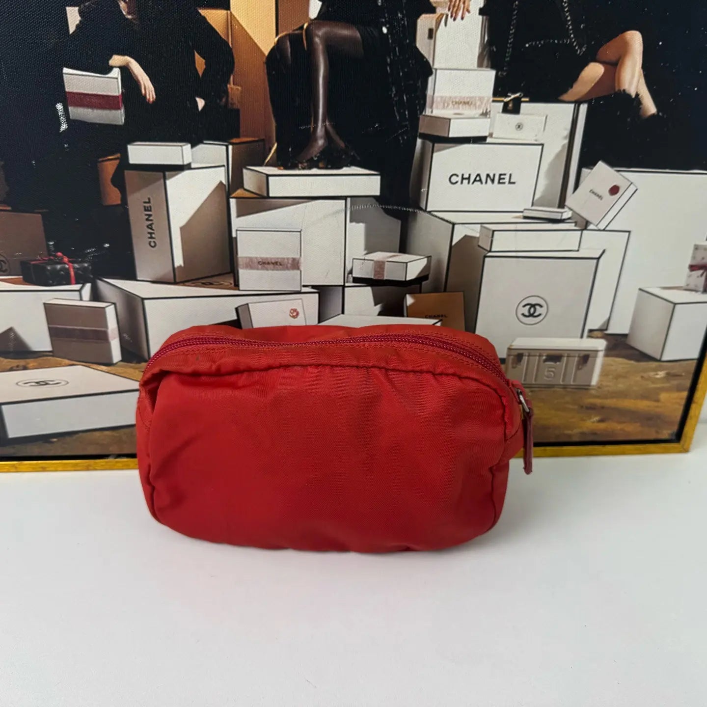 Prada Red Nylon Toiletry Bag 17×10cm – 93% New