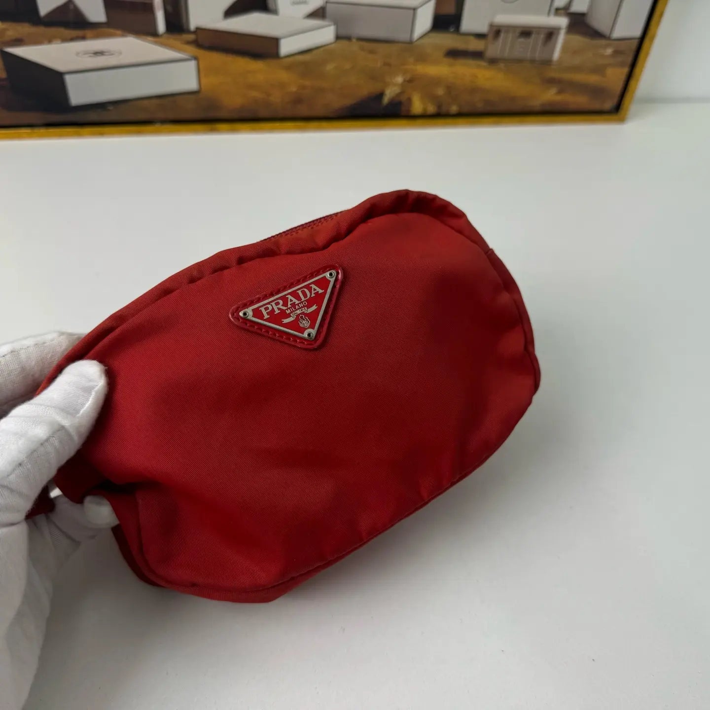 Prada Red Nylon Toiletry Bag 17×10cm – 93% New