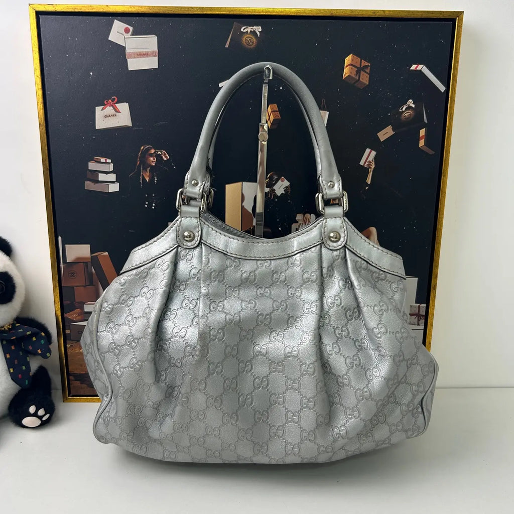 Gucci Blue Crystal Leather Shoulder Bag 33×32cm – 97% New